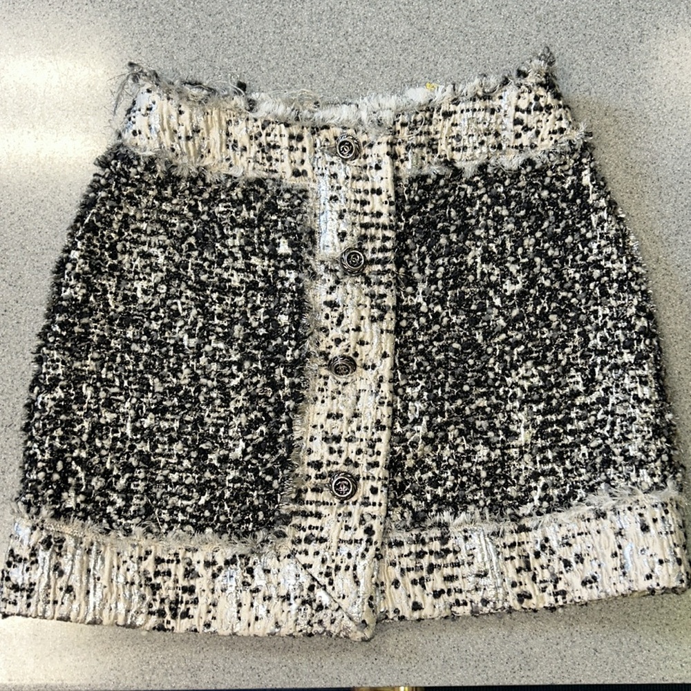 RARE! Christopher Kane/CHANEL Buttons Black/Cream/Silver wool boucle skirt
